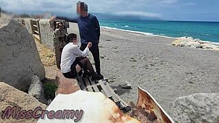 😏 risky dick flash blowjob on beach with stockings teacher student almost caught cumshot!!