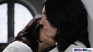 Tattooed waitress takes every inch of dominant lesbian milf's thick strapon deep inside her