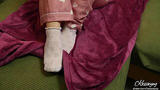 the horny stepsis next door in cute pajamas uses her small 18+ feet to ruin his orgasm