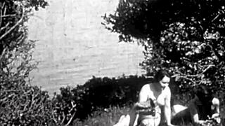 Vintage hairy beavers bare all in wild nature settings