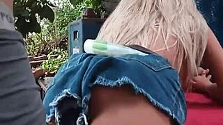 damn, my blonde stepdaughter's using that sex toy outdoors while mom's gone 🔥🍑