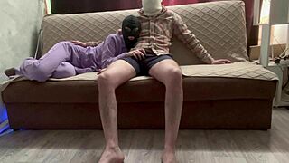 they start fucking on the bed while a movie plays in the background, ending with a massive facial blast.