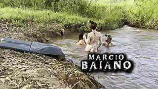 By the river, he lured sunbathing Eliane Furacao and Lorrany Exotica to suck cock then creampie fucked both