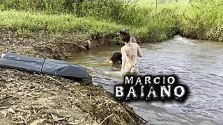 By the river, he lured sunbathing Eliane Furacao and Lorrany Exotica to suck cock then creampie fucked both