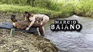 By the river, he lured sunbathing Eliane Furacao and Lorrany Exotica to suck cock then creampie fucked both