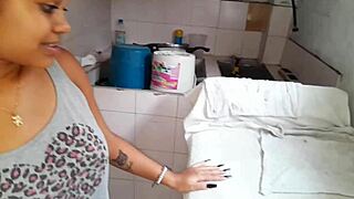 Skinny Colombian Latina Sucks Big Cock Before Brother Fucks Her on Washer!
