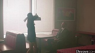 Deeper in restaurant, submissive chanel camryn worships dom's cock