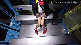 Trans teen lifts miniskirt on cablebus to flash hard cock