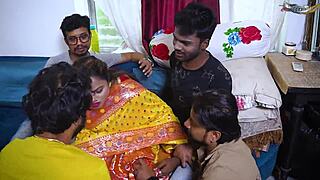 Desi mallu bhabhi alone at home takes four local boys in every hardcore position gangbang.