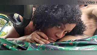 A daring Brazilian couple flashes tits and ass during daytime street car fuck