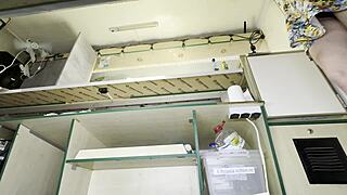 damn she cleans food truck in sexy uniform flashing shaved pussy for customers!