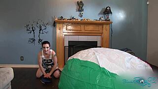 mega BEACH BALL inflation backstage with huge brunette milf