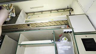 damn she cleans food truck in sexy uniform flashing shaved pussy for customers!