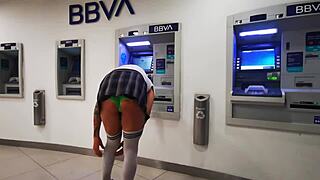 Trans teen lifts miniskirt on cablebus to flash hard cock