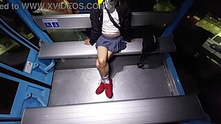 Trans teen lifts miniskirt on cablebus to flash hard cock