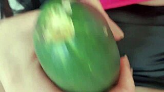 heat makes her spread legs wide no panties shaved big pussy takes wet cucumber deep squirts