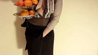 i'm so horny as waitress shoving fruits deep in my shaved pussy at work