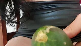 heat makes her spread legs wide no panties shaved big pussy takes wet cucumber deep squirts