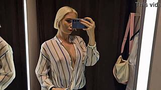 big tits blonde in dressing room slips into sexy see-through outfit revealing curvy wet pussy