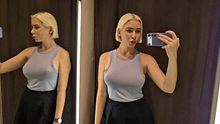 big tits blonde in dressing room slips into sexy see-through outfit revealing curvy wet pussy