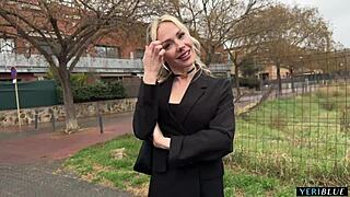 Blonde Czech girl flashes pussy on street then gets fucked in car by stranger.