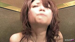 Skinny Japanese teen orgasms hard before mmf threesome in bushy pussy