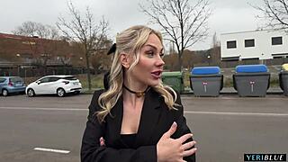 Blonde Czech girl flashes pussy on street then gets fucked in car by stranger.