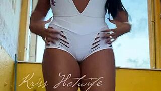 Naughty Brazilian Wife Flashes Big Pussy and Tits in Short Shorts to Gym Friend