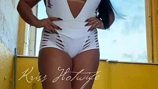 Naughty Brazilian Wife Flashes Big Pussy and Tits in Short Shorts to Gym Friend