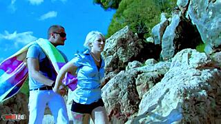 Milky Cooper French whore assfucked rough on beach with cum in mouth