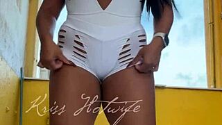 Naughty Brazilian Wife Flashes Big Pussy and Tits in Short Shorts to Gym Friend