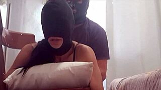 Chairtied hooded ballgagged latina milf takes monster cock in all holes rough