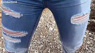 she gulps down hot pee then soaks her jeans twice in public outdoor fetish play