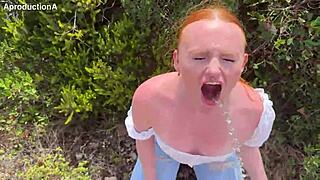 she gulps down hot pee then soaks her jeans twice in public outdoor fetish play