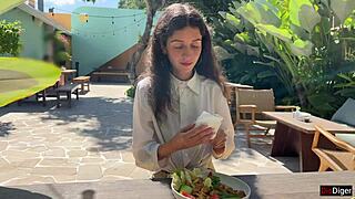 curvy girl takes huge facial in public cafe then eats lunch with cum dripping everywhere cumwalk