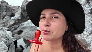 stepmom sucks candy on beach then blows stepson's dick