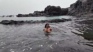 stepmom sucks candy on beach then blows stepson's dick