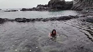 stepmom sucks candy on beach then blows stepson's dick