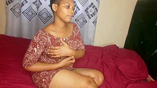 mom relaxes alone in bedroom touching her full bush