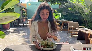 curvy girl takes huge facial in public cafe then eats lunch with cum dripping everywhere cumwalk