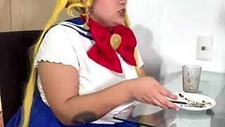 Chubby sailor moon cosplay rips her skirt and blasts out nasty wet farts