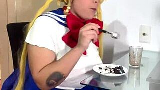 Chubby sailor moon cosplay rips her skirt and blasts out nasty wet farts