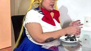 Chubby sailor moon cosplay rips her skirt and blasts out nasty wet farts