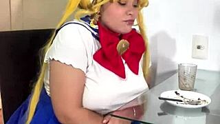 Chubby sailor moon cosplay rips her skirt and blasts out nasty wet farts