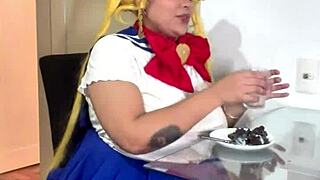 Chubby sailor moon cosplay rips her skirt and blasts out nasty wet farts