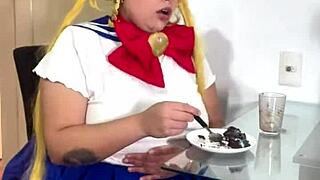 Chubby sailor moon cosplay rips her skirt and blasts out nasty wet farts