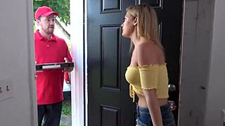 hubby stares shocked as his milf wife rides pizza delivery cock hardcore right in front of him!!