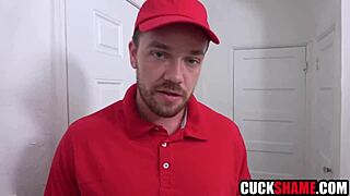 hubby stares shocked as his milf wife rides pizza delivery cock hardcore right in front of him!!