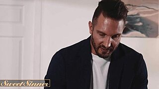 Ginger hottie takes professors big cock doggystyle bent over bed pussy creampie