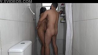 she takes a creamy bath in the shower getting washed head to toe in hot cum